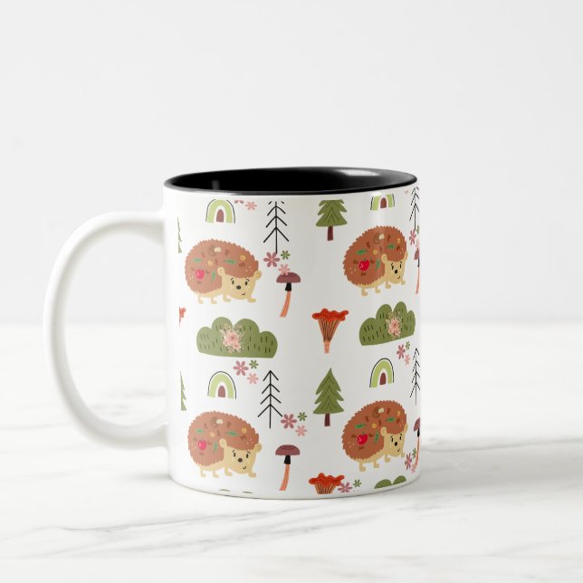 Cute Hedgehog Nature Floral Rainbow Pattern  Two-Tone Coffee Mug (Left)