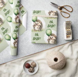 Cute Hedgehog Oh Baby Neutral Baby Shower Wrapping Paper