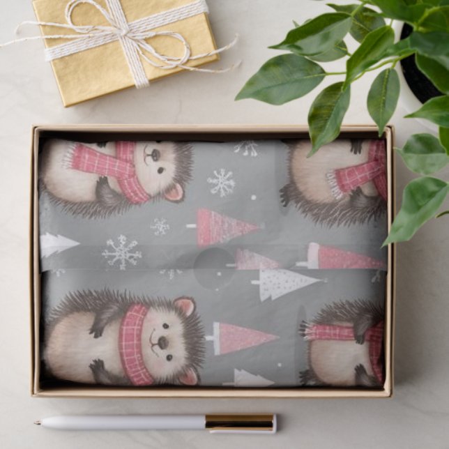 Cute Hedgehog Pattern Pink  Grey Christmas  Tissue Paper (Gift)