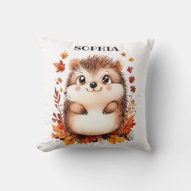 Cute Hedgehog Personalised Name Modern Animal Fall Cushion (Front)