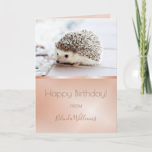 Cute Hedgehog Photo | Rose Gold Birthday Text  Card (Front)