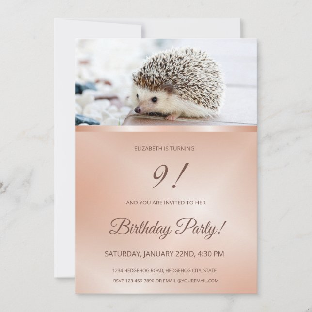 Cute Hedgehog Photo |  Rose Gold  Girls  Invitation (Front)