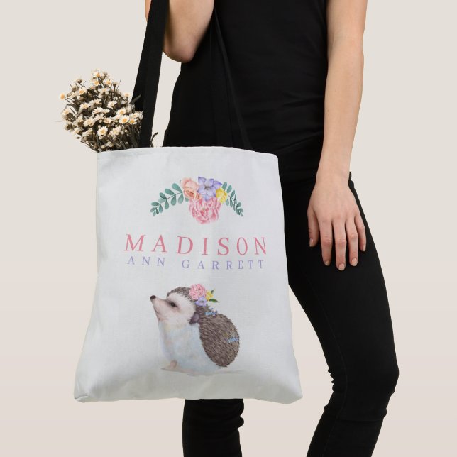 Cute Hedgehog Pink Add Name Baby Tote Bag (Close Up)