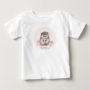 Cute Hedgehog Pink Flowers Name Baby T-Shirt