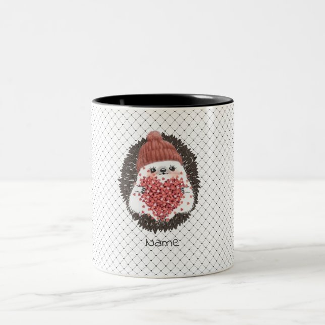 Cute Hedgehog Pink Heart Name Two-Tone Coffee Mug (Center)