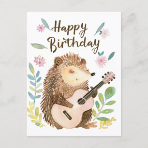 Cute Hedgehog playing Guitar Birthday Postcard
