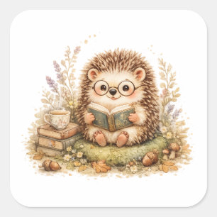 Cute Hedgehog Reading Book Cosy Autumn Square Sticker