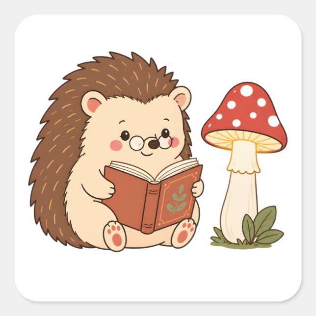 Cute Hedgehog Reading Mushroom Lamp Sticker (Front)
