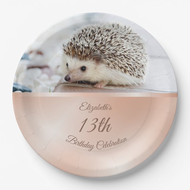 Cute Hedgehog Rose Gold | Custom Birthday Paper Plate (Front)