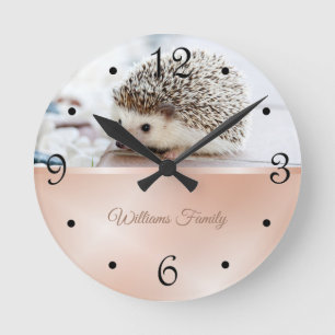Cute Hedgehog Rose Gold Foil Your Name  Round Clock