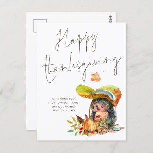 Cute Hedgehog Script Happy Thanksgiving Postcard