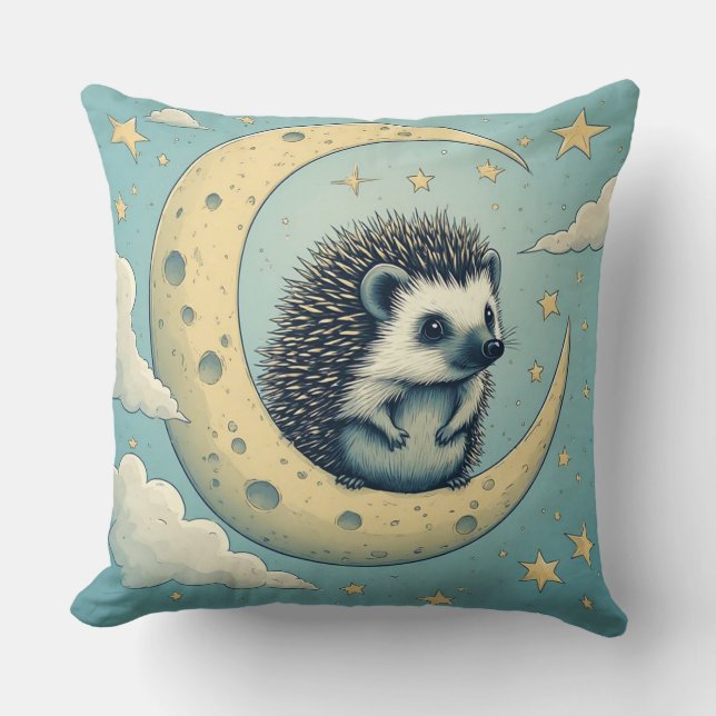Cute Hedgehog Sitting on Crescent Moon Cushion (Front)