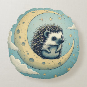 Cute Hedgehog Sitting on Crescent Moon Round Cushion