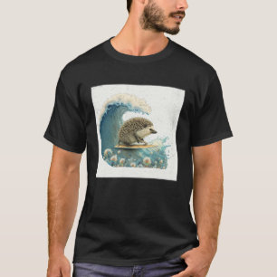 Cute Hedgehog Surfing Illustration Sea Great Wave  T-Shirt