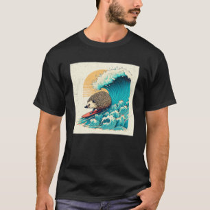 Cute Hedgehog Surfing Illustration Sea Great Wave T-Shirt