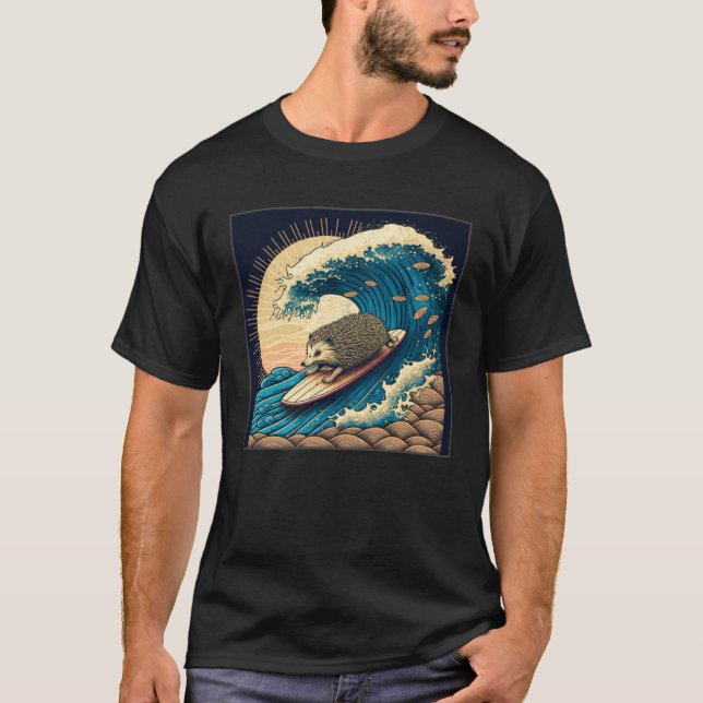 Cute Hedgehog Surfing Illustration Sea Great Wave  T-Shirt (Front)