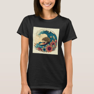 Cute Hedgehog Surfing Illustration Sea Great Wave T-Shirt