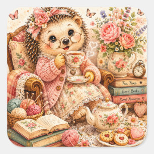 Cute Hedgehog Tea Time Knitting Cottagecore Square Sticker