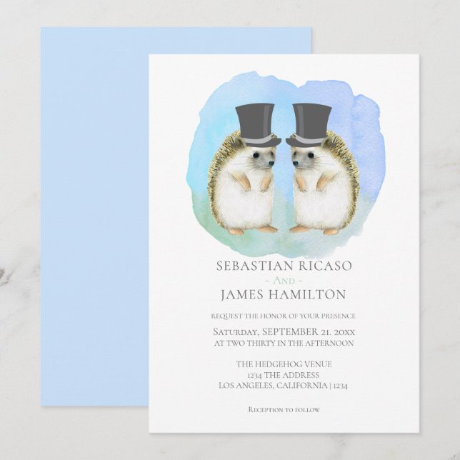 Cute Hedgehog Two Grooms Gay Couple Wedding Invitation (Front/Back)