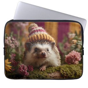 Cute Hedgehog Wearing a Knit Striped Winter Hat Laptop Sleeve