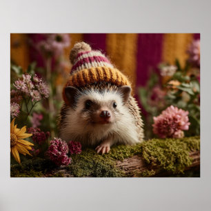 Cute Hedgehog Wearing a Knit Striped Winter Hat Poster