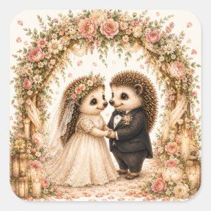 Cute Hedgehog Wedding Ceremony Romantic Floral Square Sticker