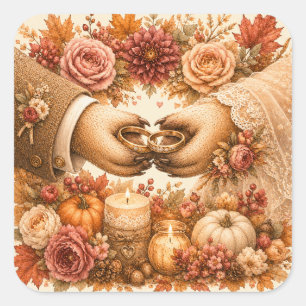 Cute Hedgehog Wedding Rings Fall Couple Square Sticker