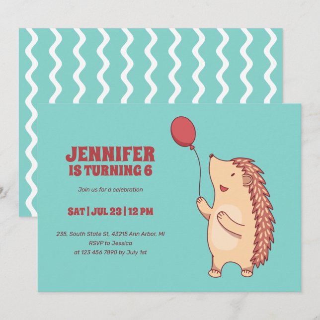 Cute Hedgehog With Balloon Cartoon Kids Birthday Invitation (Front/Back)