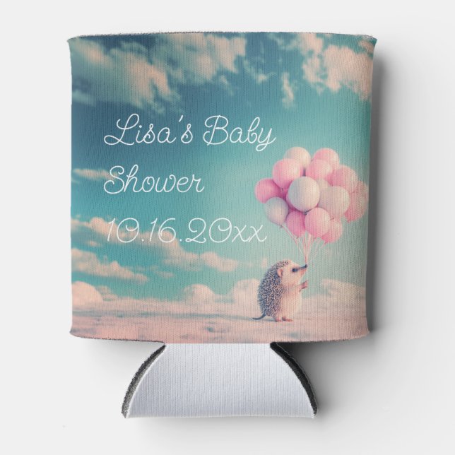 Cute hedgehog with birthday balloons, customisable can cooler (Front)