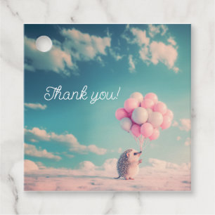 Cute hedgehog with birthday balloons, customisable favour tags