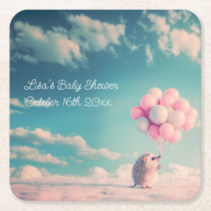 Cute hedgehog with birthday balloons, customisable square paper coaster
