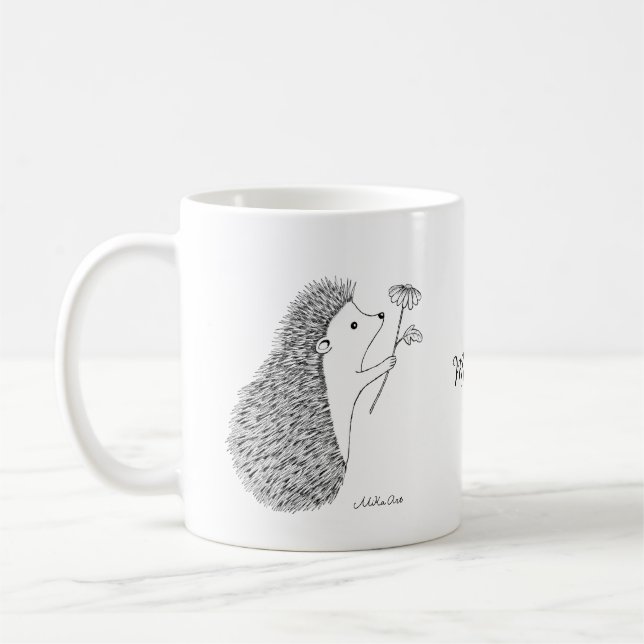 Cute hedgehog with Flower Ink drawing custom name Coffee Mug (Left)
