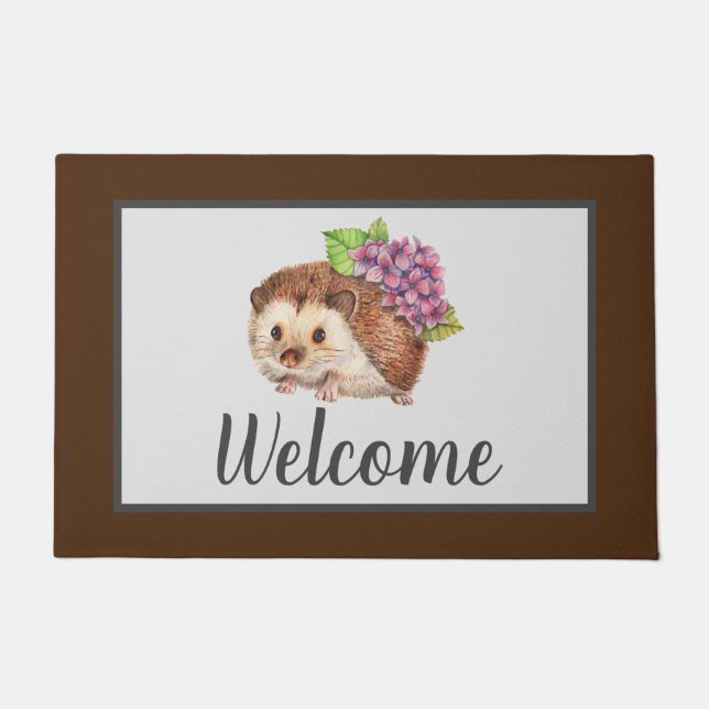 Cute Hedgehog With Flowers Welcome Doormat (Front)