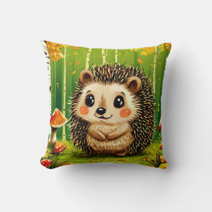 Cute Hedgehog With Green Forest Background Cushion