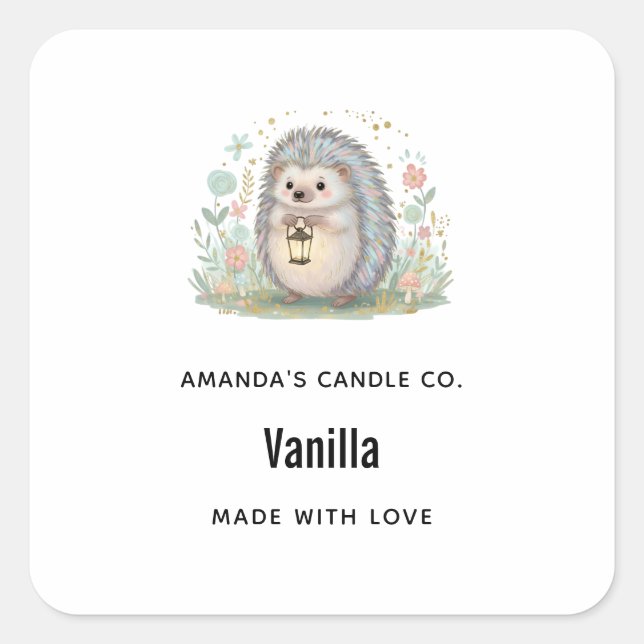Cute Hedgehog with Lantern Candle Business Square Sticker (Front)