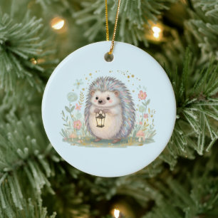 Cute Hedgehog with Lantern Ceramic Tree Decoration