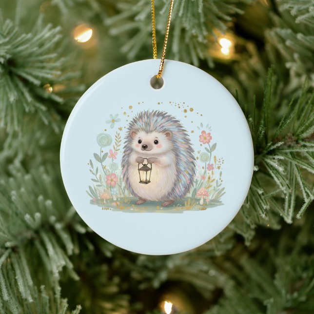 Cute Hedgehog with Lantern Ceramic Tree Decoration (Tree)