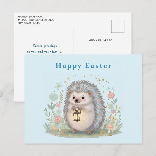 Cute Hedgehog with Lantern Easter Holiday Postcard (Front/Back)