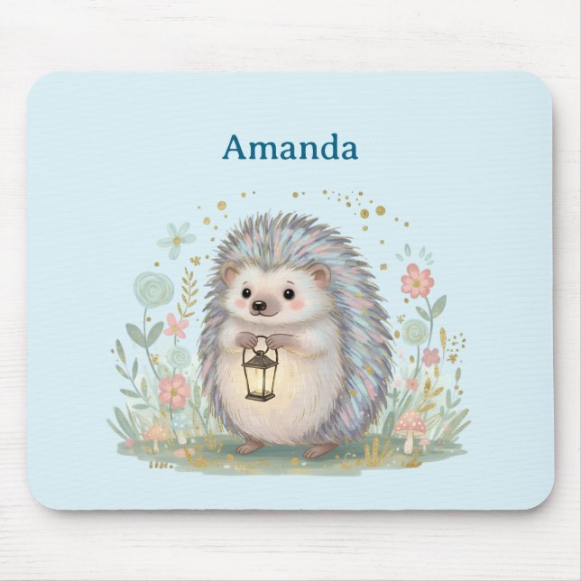 Cute Hedgehog with Lantern Mouse Mat (Front)