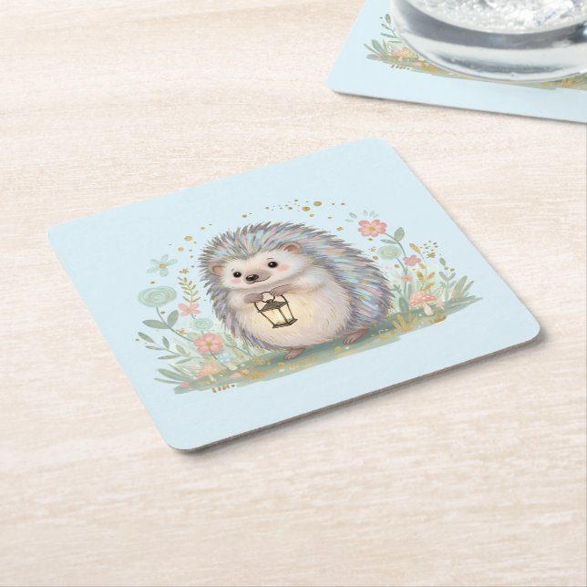 Cute Hedgehog with Lantern Square Paper Coaster (Angled)