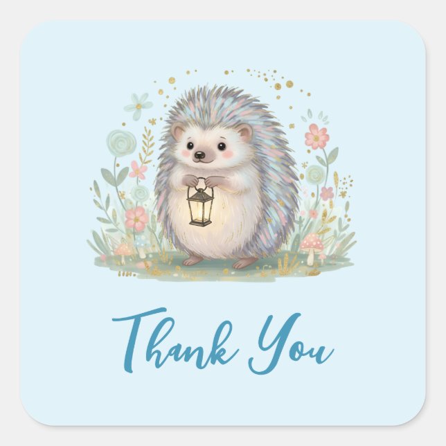 Cute Hedgehog with Lantern Thank You Square Sticker (Front)