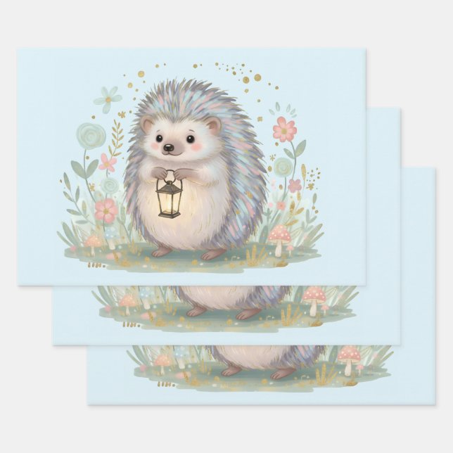 Cute Hedgehog with Lantern Wrapping Paper Sheet (Set)