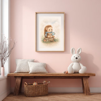 Cute Hedgehog with Mug Neutral Kids Room Poster