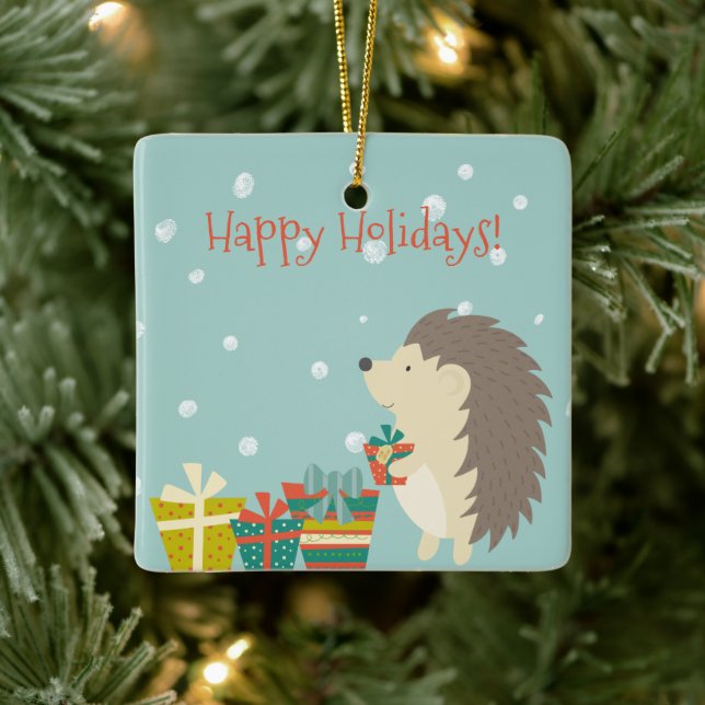 Cute Hedgehog with Presents | Christmas Ceramic Ornament (Tree)