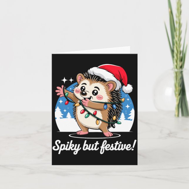 Cute Hedgehog With Santa Hat Christmas Lights Wint Card (Front)