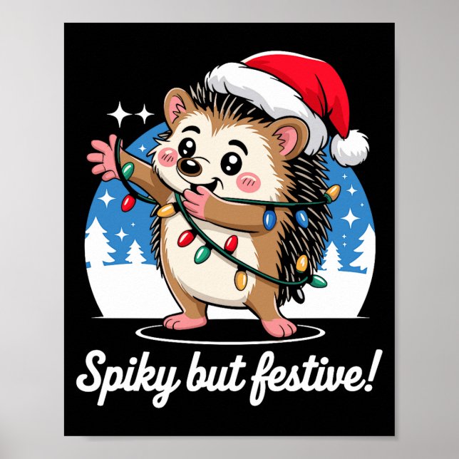 Cute Hedgehog With Santa Hat Christmas Lights Wint Poster (Front)