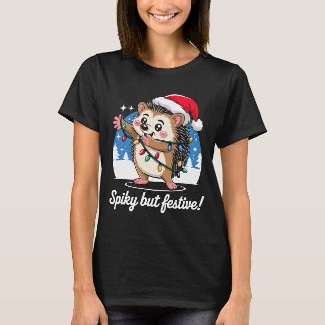 Cute Hedgehog With Santa Hat Christmas Lights Wint T-Shirt (Front)