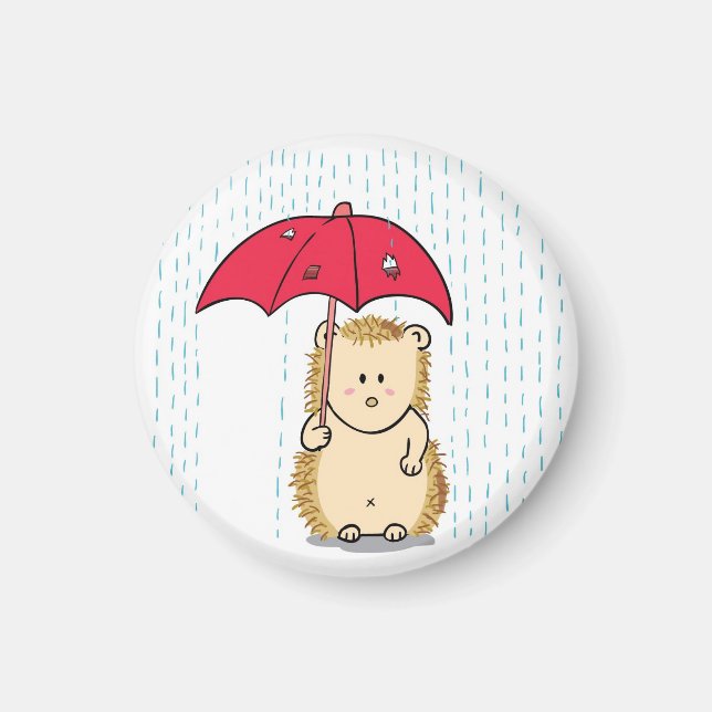 Cute hedgehog with torn umbrella cartoon magnet (Front)