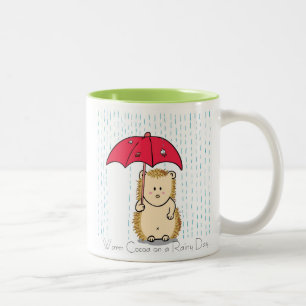 Cute hedgehog with torn umbrella Mug. Two-Tone Coffee Mug