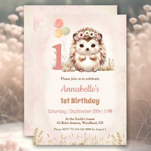 Cute Hedgehog Woodland Boho Girl 1st Birthday  Invitation